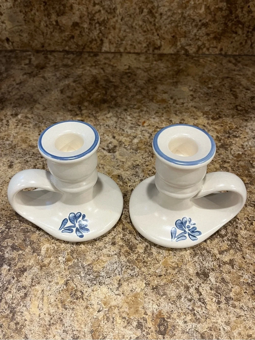 Vintage Pfaltzgraff Yorktowne White and Blue Floral Candle Holders - Set of 2